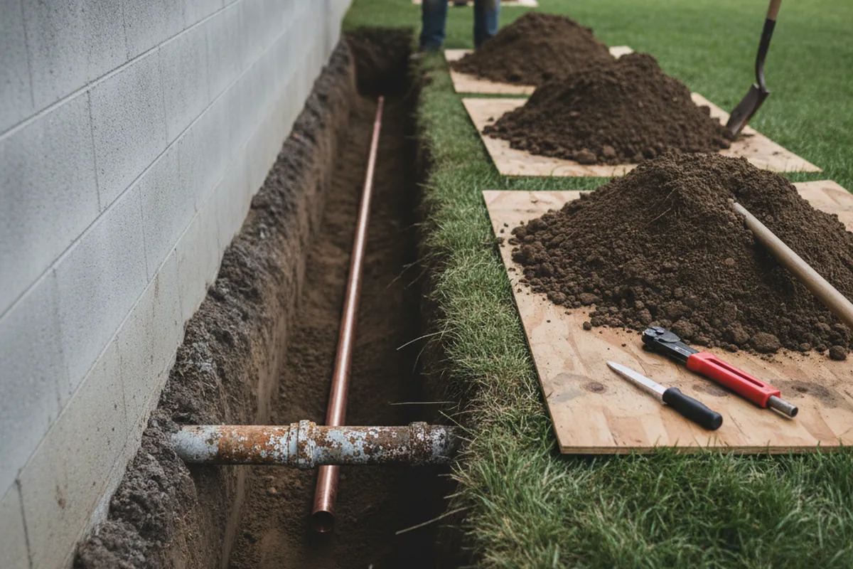 Excavated water line trench during Water Softener Installation in Juliette